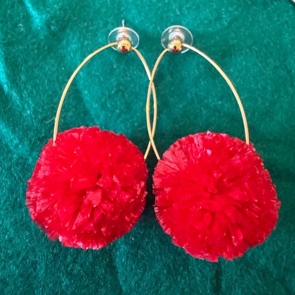 J. Crew Gold and Red Pom Pom Earrings